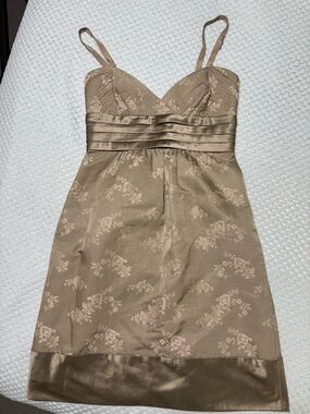 BCBG Beige Floral Satin-Trim Spaghetti Strap Dress